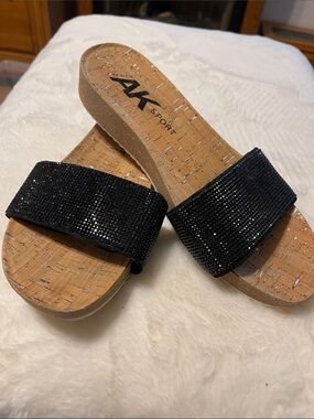Anne Klein Black Embellished Cork-Style Slide Sandals